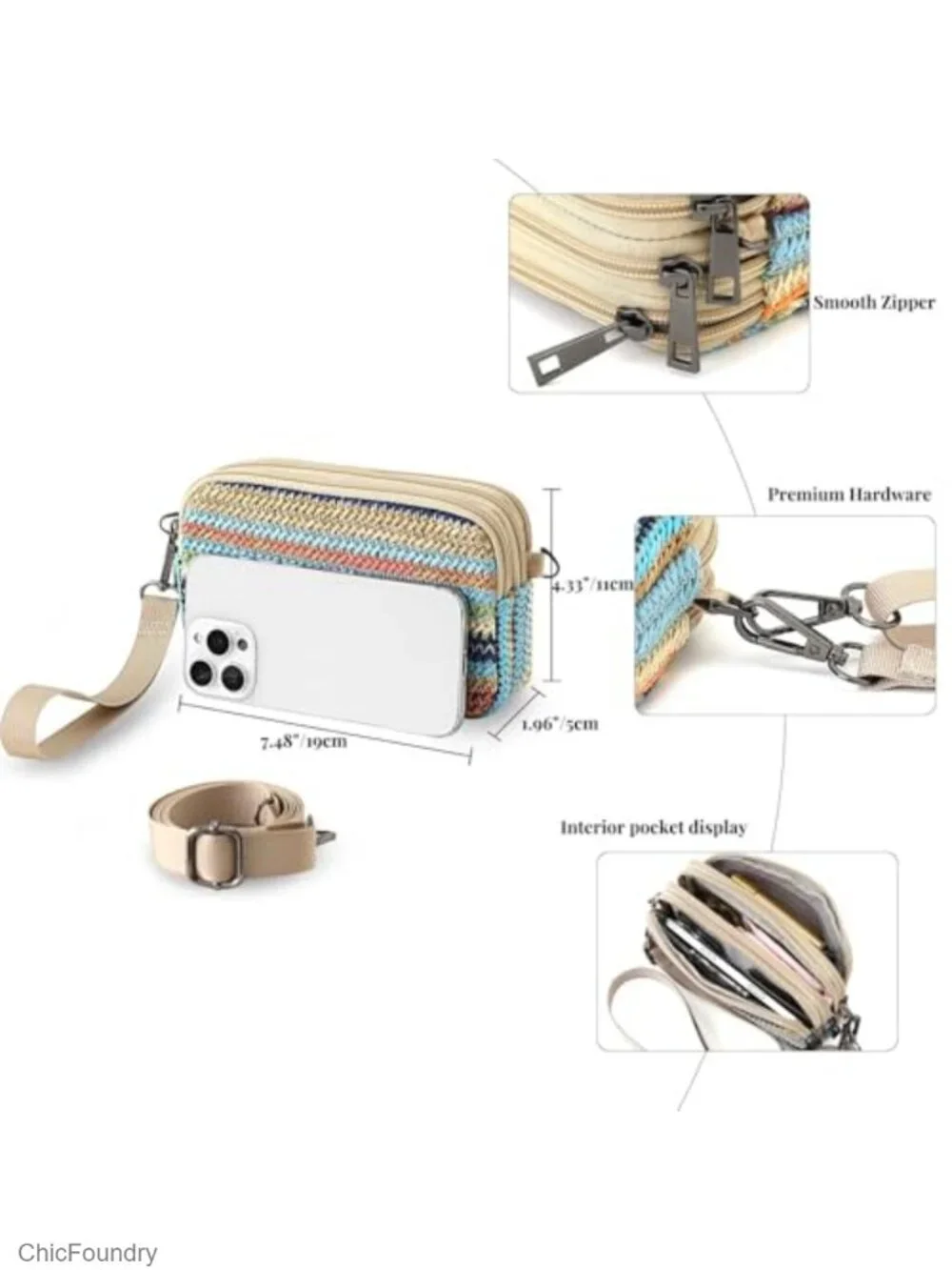 3-Zip Woven Straw Wristlet Crossbody Phone Purse